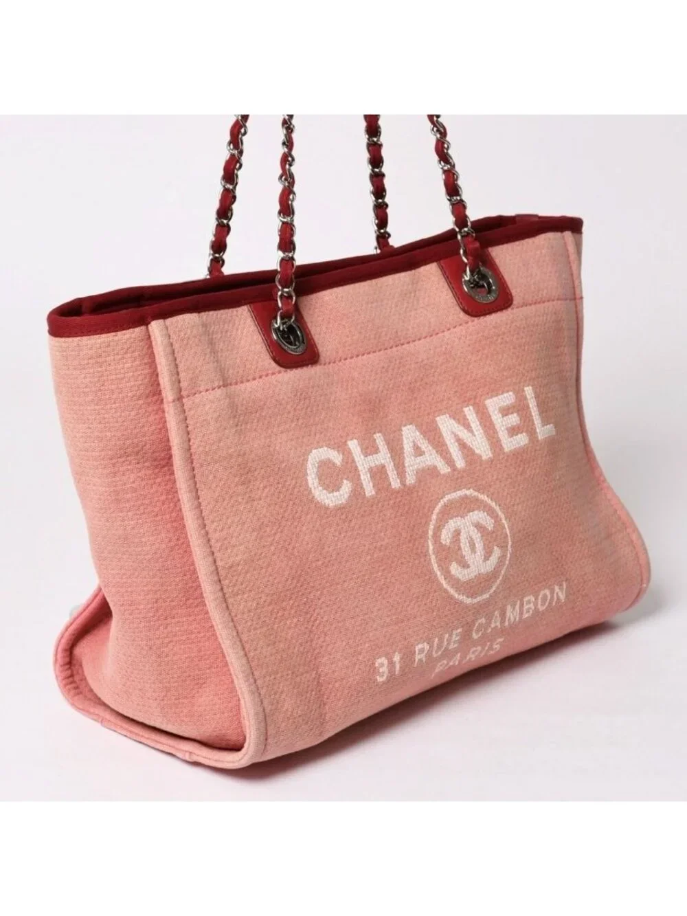Chanel Deauville MM Chain Tote Bag CC Logo Pink Canvas Leather Silver